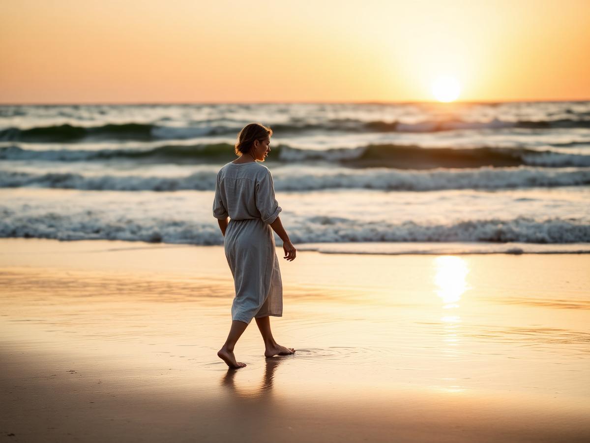Pessoa a caminhar descalça na praia ao pôr do sol