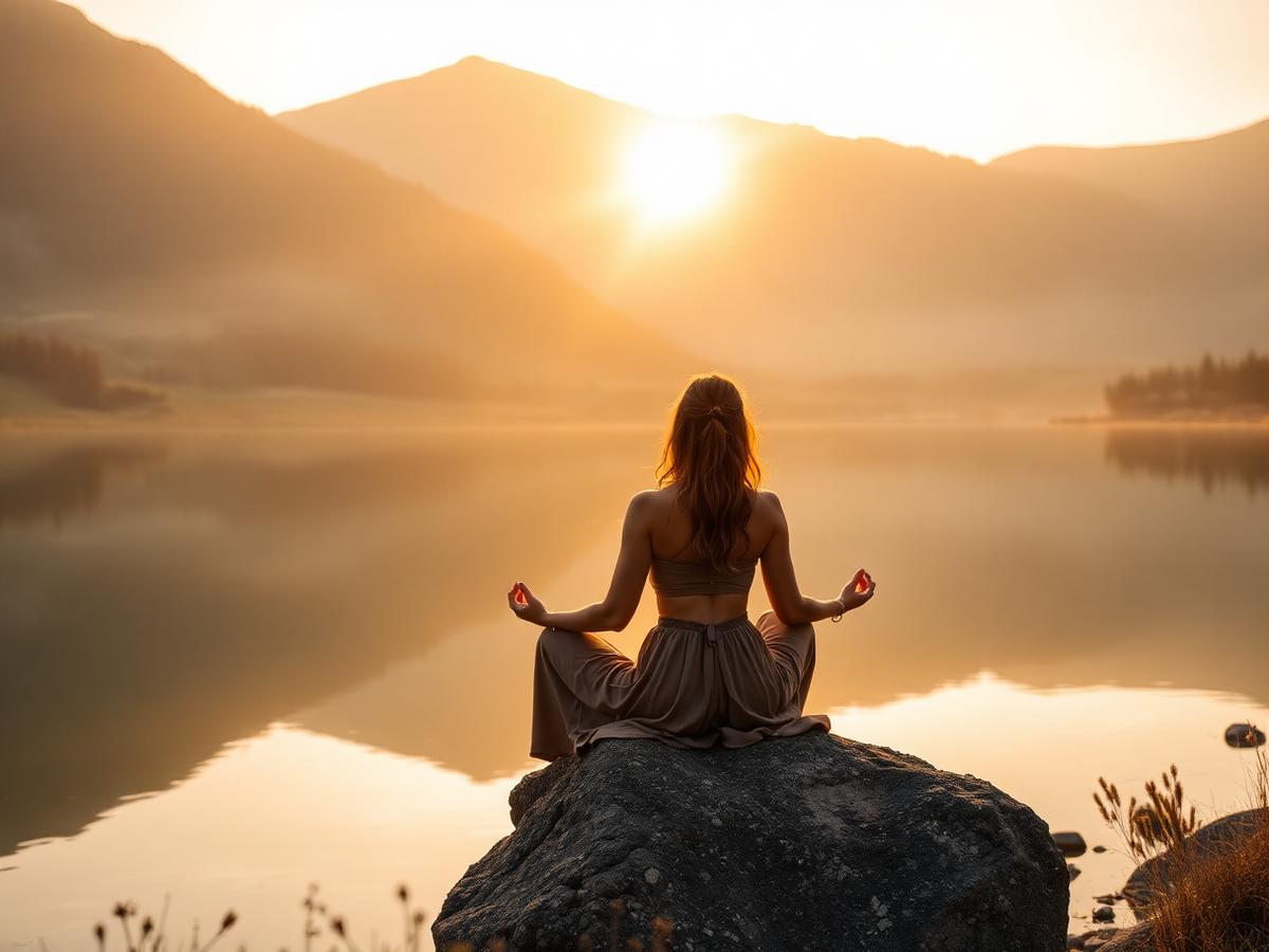 Pessoa em meditação junto a um lago de montanha ao nascer do sol