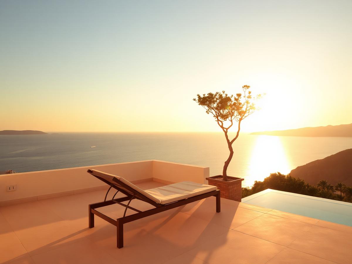 Terraço tranquilo com vista para o mar ao pôr do sol