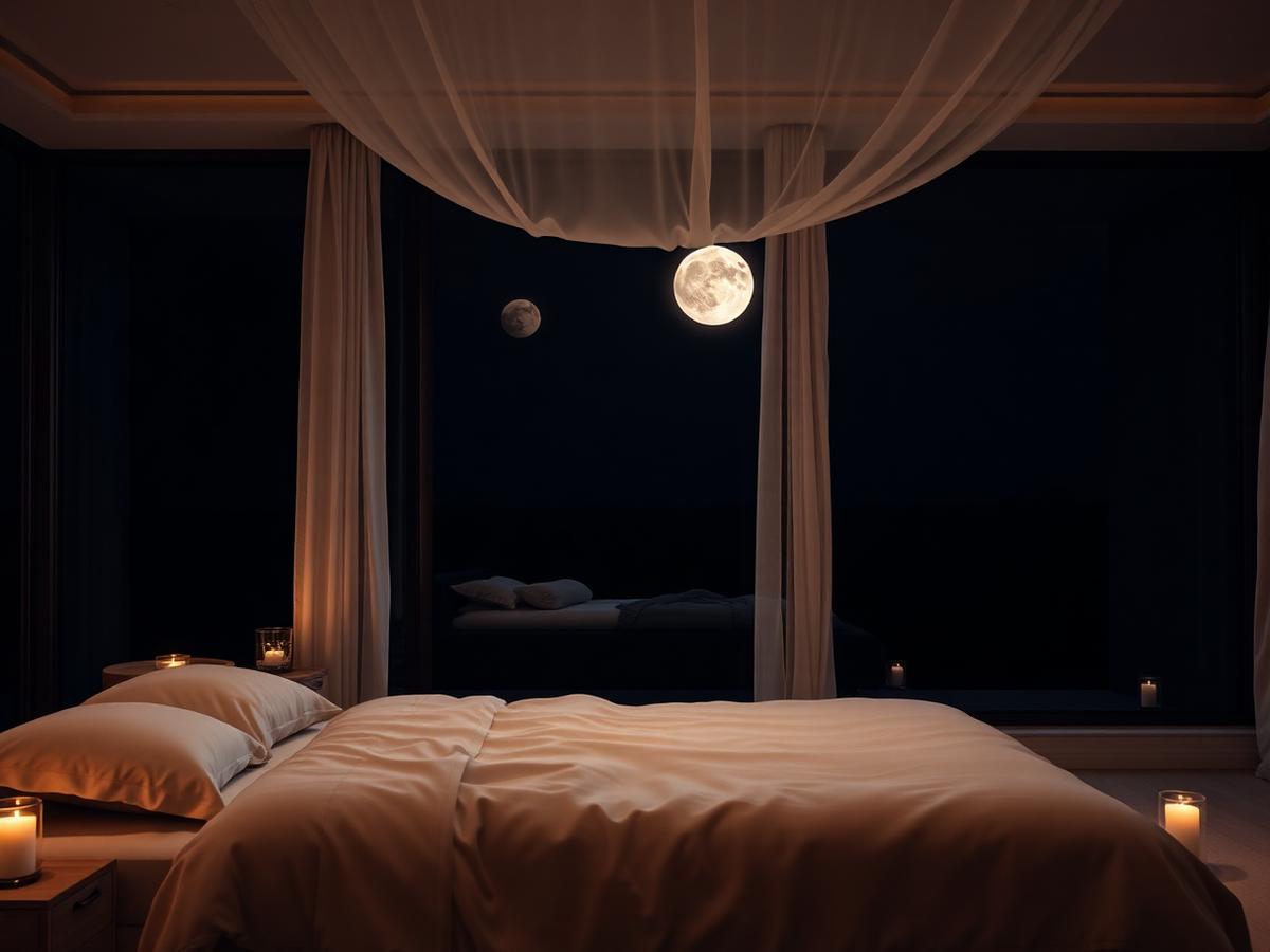 Quarto sereno à noite com luar suave e velas acesas