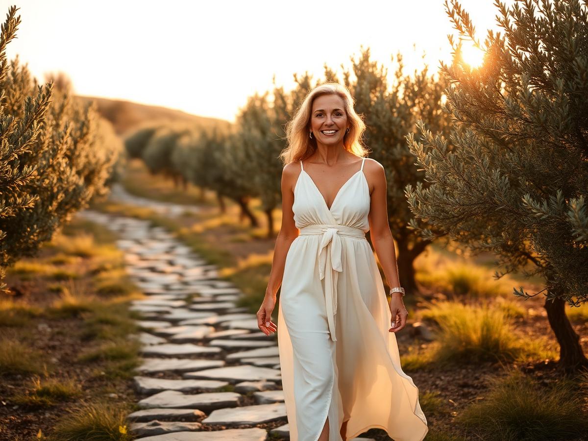 Mulher serena a caminhar num olival ao pôr do sol