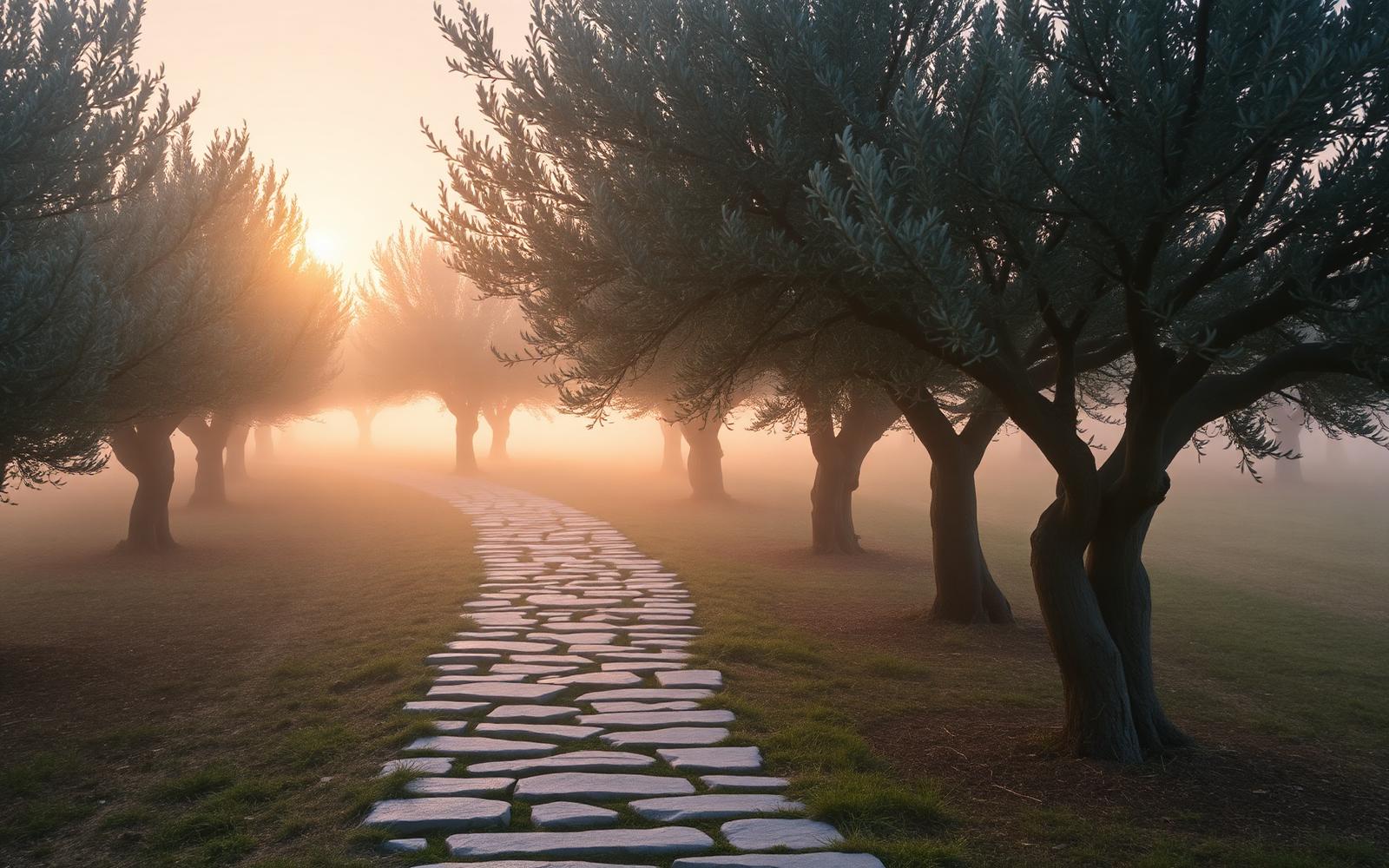 Caminho de pedra através de um olival ao amanhecer
