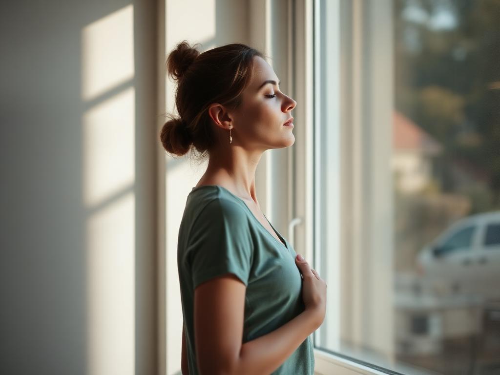Mulher a respirar com calma junto a uma janela com luz suave