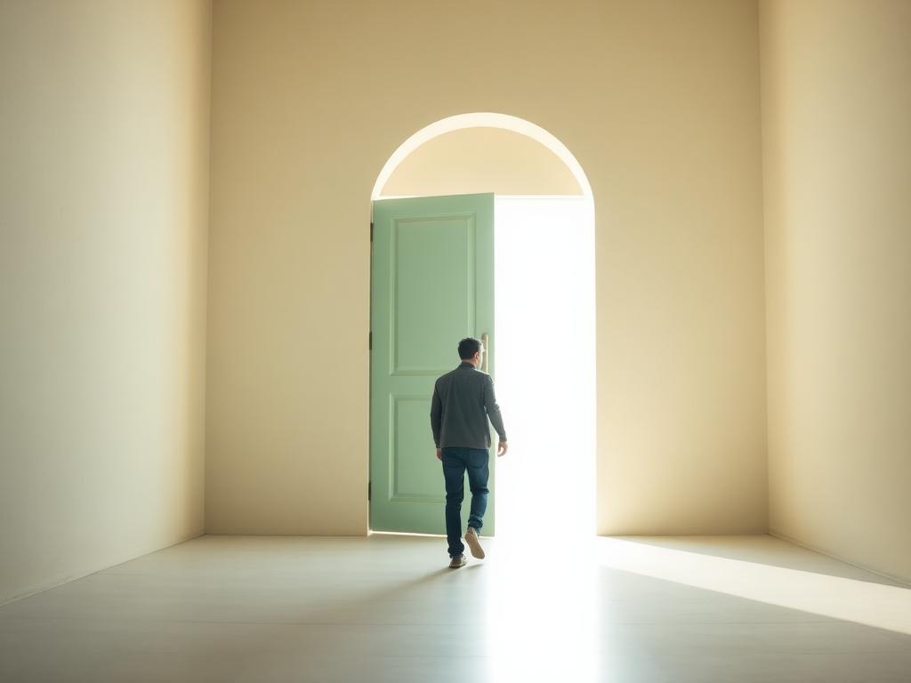 Pessoa a atravessar uma porta aberta em direção à luz