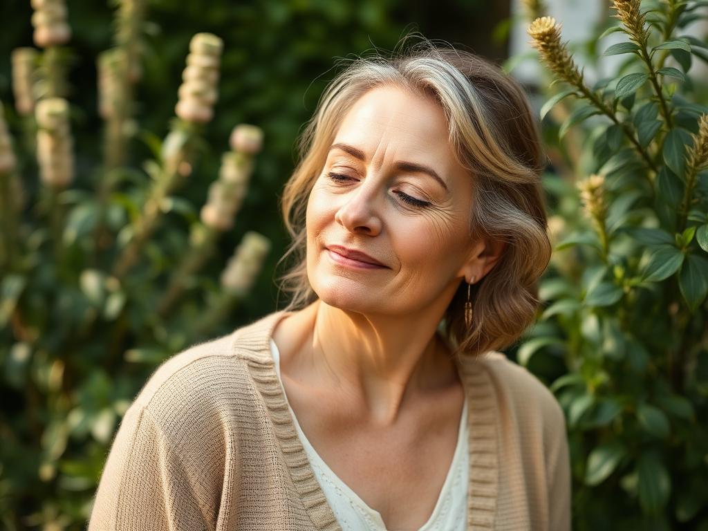 Mulher serena num jardim com luz suave