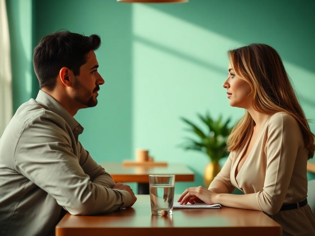 Casal a conversar calmamente frente a frente