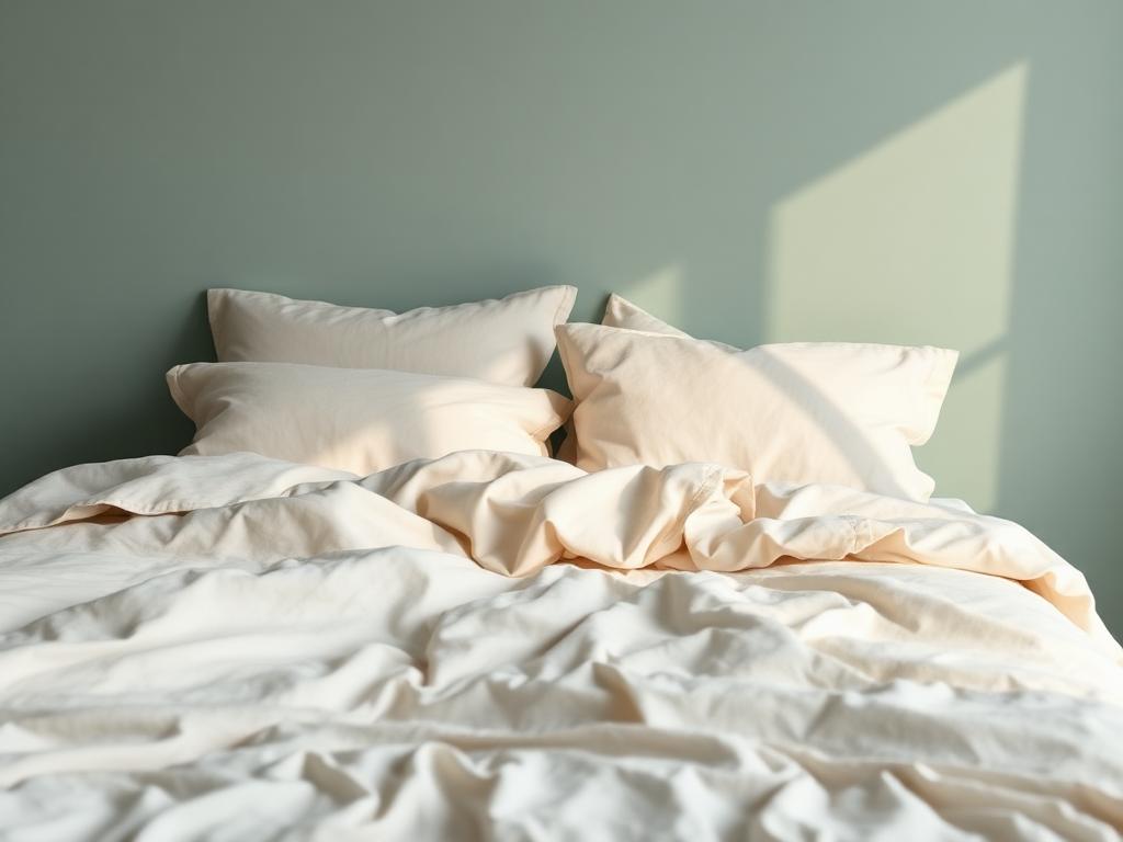 Cama com roupa de linho suave iluminada pela luz da manhã