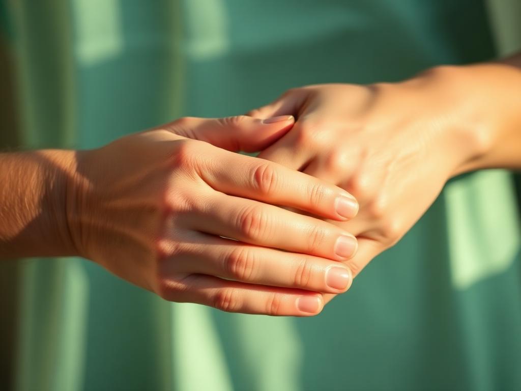Duas mãos a segurarem-se com delicadeza